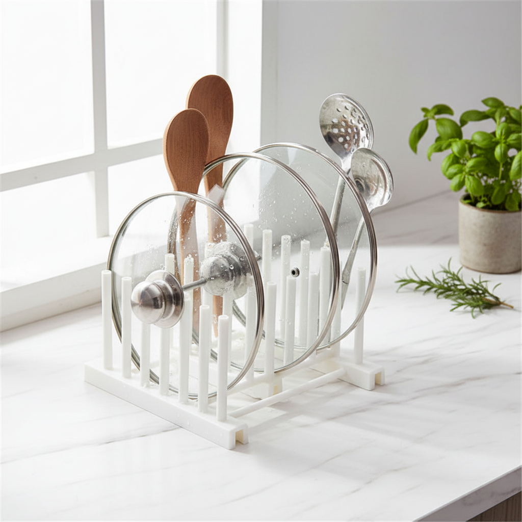 Overhead view of organized dish rack
