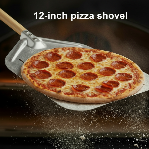 Pizza being lifted from oven
