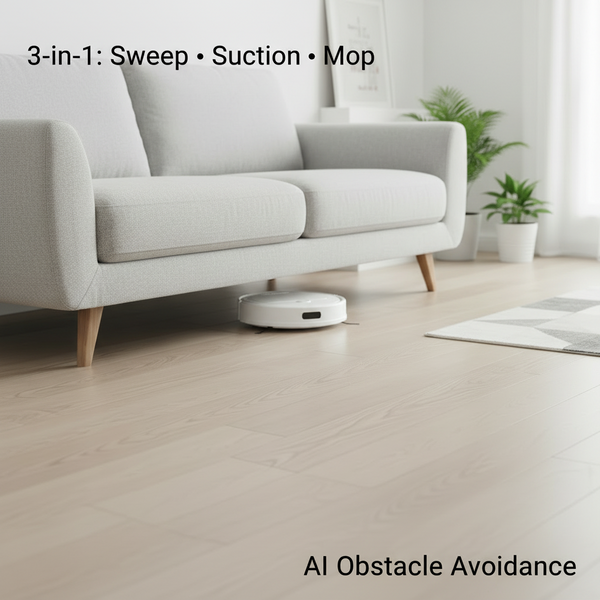 White robot vacuum cleaning under sofa