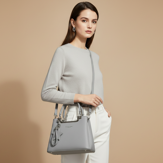 Woman holding grey PU handbag