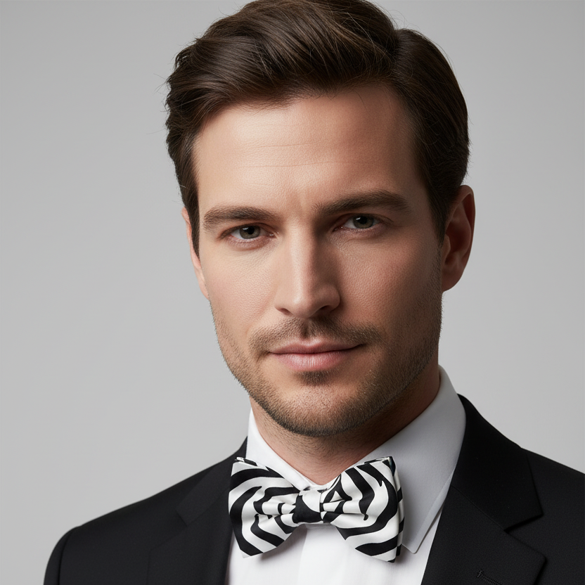 Zebra print bow tie detail shot